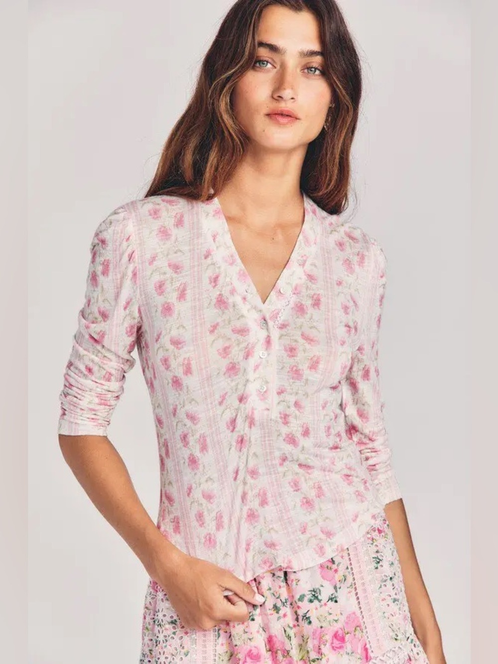 Love shack fancy toddy Henley long sleeve t shirt top blouse medium pink